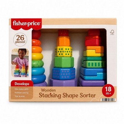 Fisher-Price HXT76 Wooden Stacking Shape Sorter 26-Piece Toddler Toy